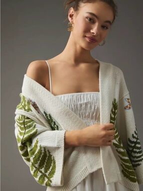 Anthropologie Cream Botanical Fern Knit Cardigan Sweater Medium Large
